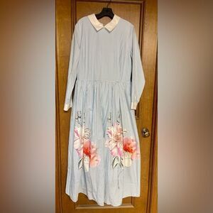 Striped Floral Long Sleeve Dress - Blue and Pink